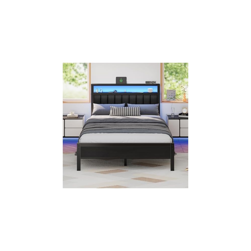 Furnulem Full Size Bed Frame with Charging Station and LED Lights