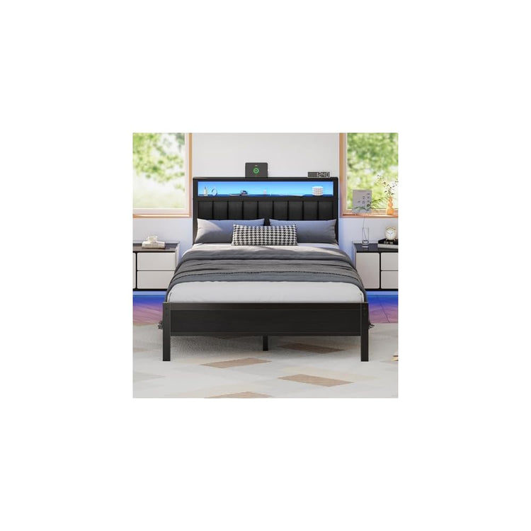 Furnulem Full Size Bed Frame with Charging Station and LED Lights