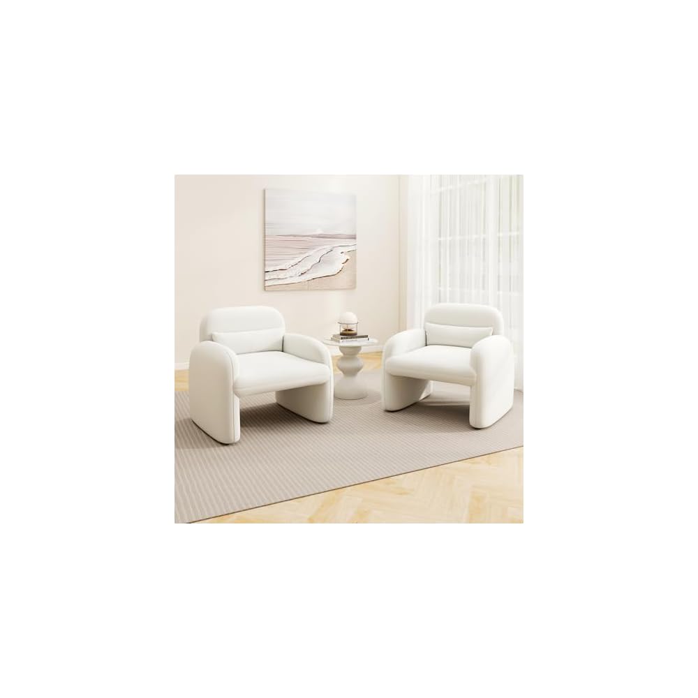 GIANTEX Modern Accent Chair for Living Room, Sherpa Fabric Upholstered Armchair w/Waist Pillow, Comfy Reading Chair w/Armrests, Small Single Sofa for Bedroom, Reception, Apartment, Office, White