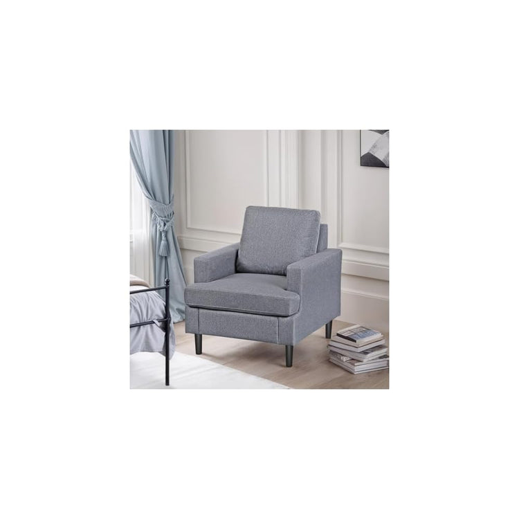 Upholstered Accent Chair with Arms - Linen Fabric Armchair for Living Room Bedroom - Solid Wood Legs - Gray