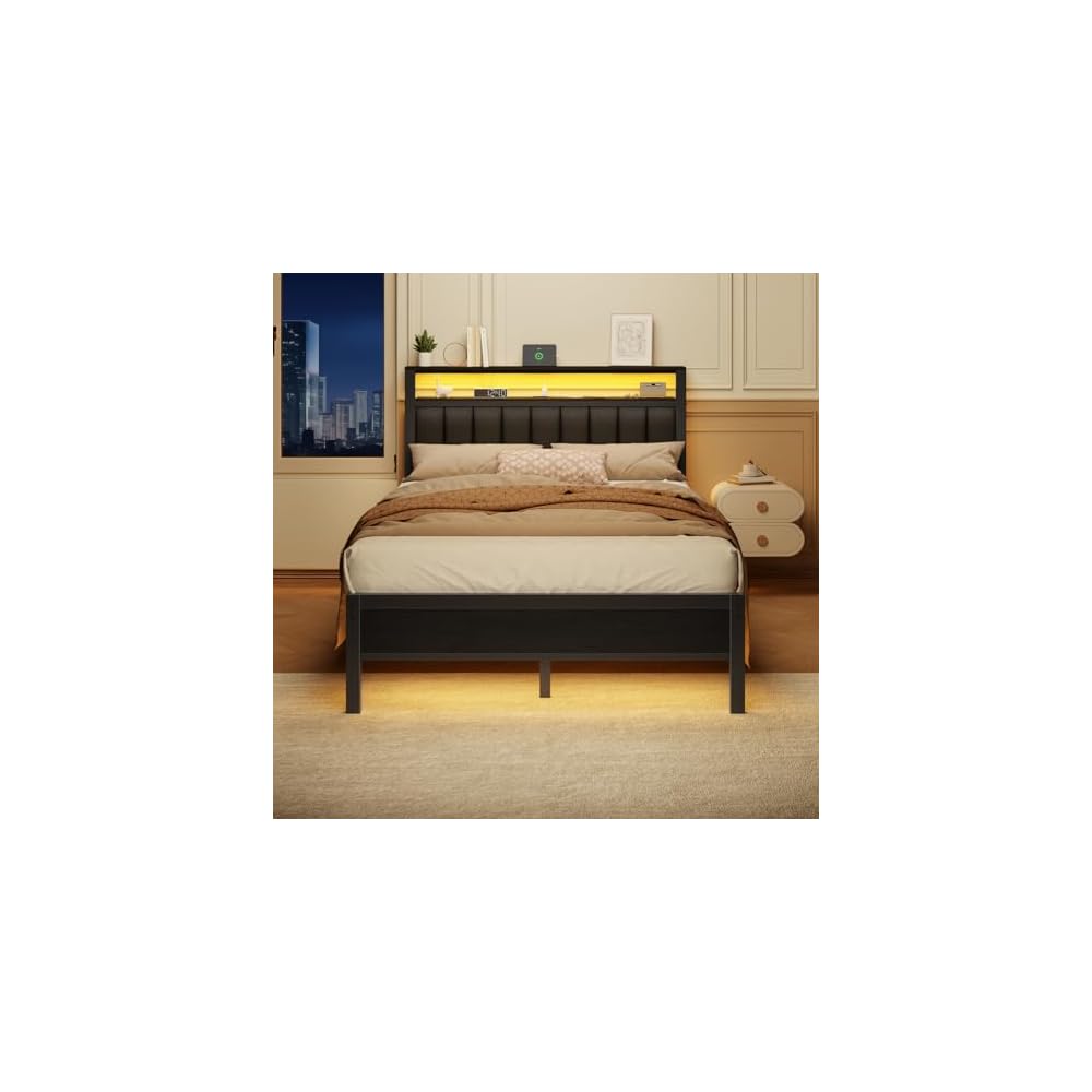 Furnulem Full Size Bed Frame with Charging Station and LED Lights