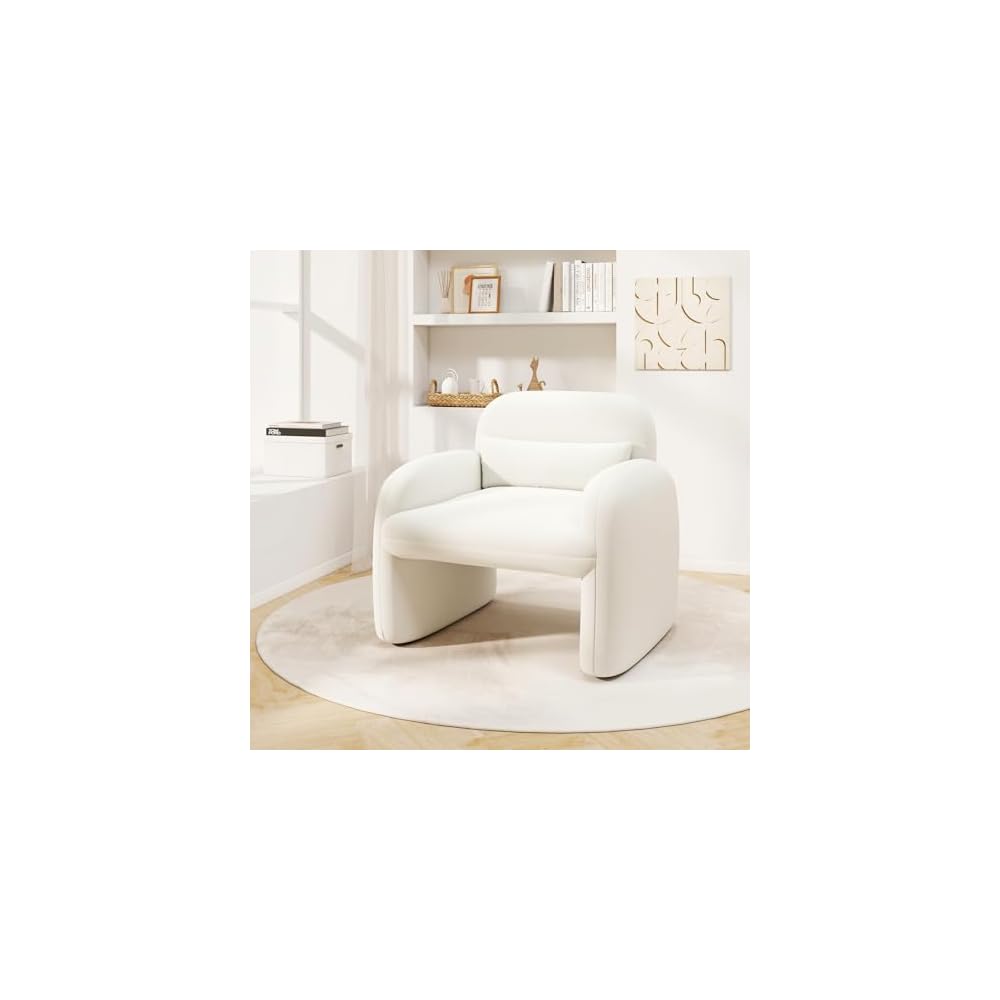 GIANTEX Modern Accent Chair for Living Room, Sherpa Fabric Upholstered Armchair w/Waist Pillow, Comfy Reading Chair w/Armrests, Small Single Sofa for Bedroom, Reception, Apartment, Office, White