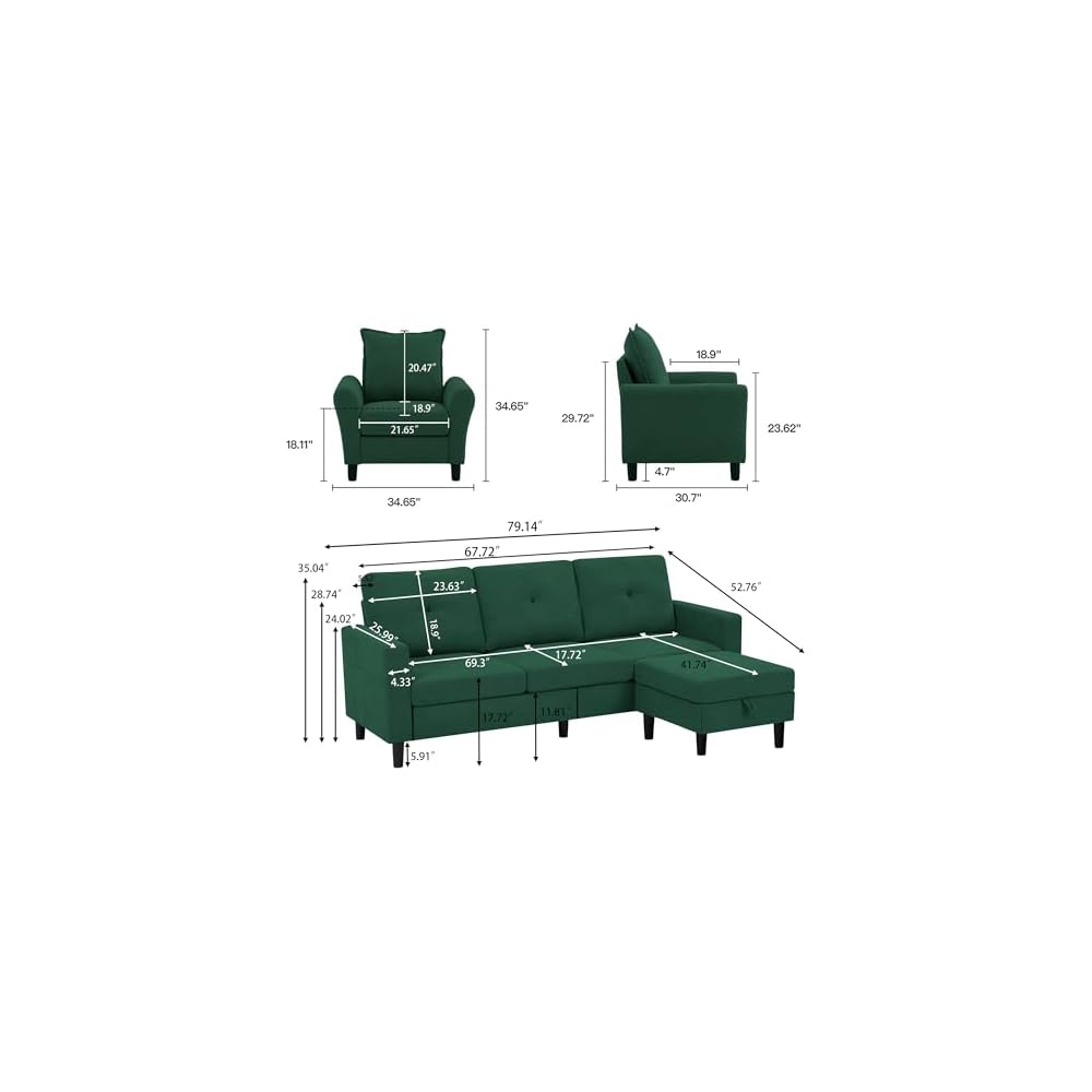3 Piece Convertible Sectional Sofa Set, 3-Seater L Shaped Couch with Reversible Chaise and Comfy Armchair for Living Room, Apartment, Office, Green