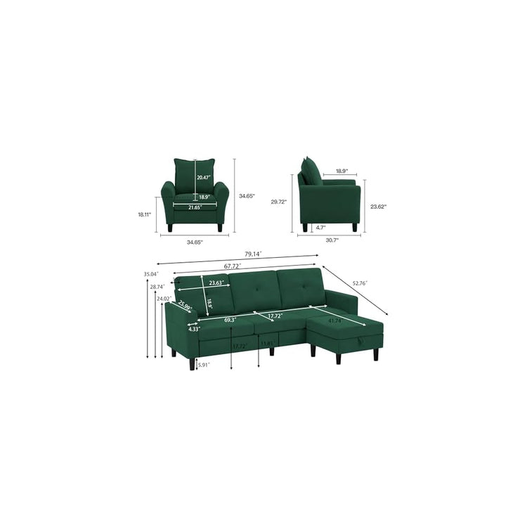 3 Piece Convertible Sectional Sofa Set, 3-Seater L Shaped Couch with Reversible Chaise and Comfy Armchair for Living Room, Apartment, Office, Green