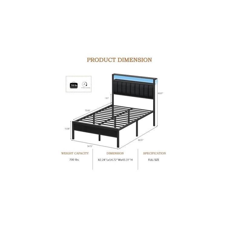 Furnulem Full Size Bed Frame with Charging Station and LED Lights