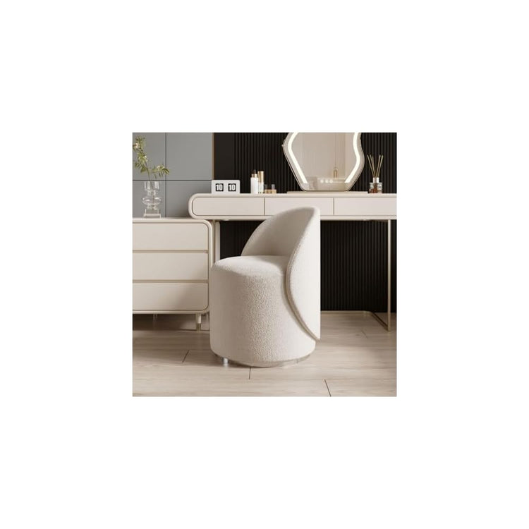 Gray Vani Round Makeup Stool - Upholstered Rotatable Dressing Chair with Backrest, Padded Seat for Bedroom & Living Room, Stylish Foot Stool for Apartment Decor