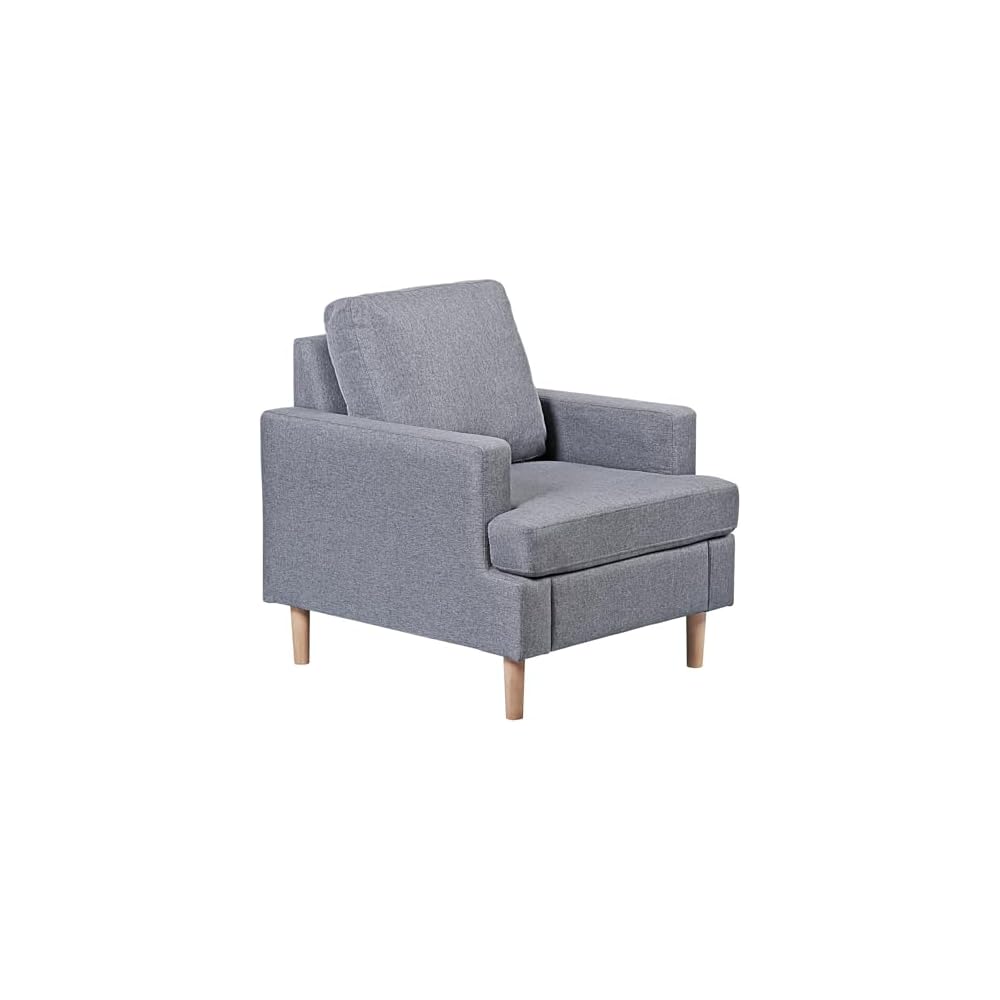 Upholstered Accent Chair with Arms - Linen Fabric Armchair for Living Room Bedroom - Solid Wood Legs - Gray