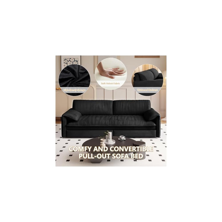 GNIXUU 66" Queen Size Pull Out Sofa Bed, Velvet Convertible Sleeper Sofa Couch with Side Storage, Comfy Loveseat Bed Pull Out Couch for Living Room, Apartment, Small Space(Black)