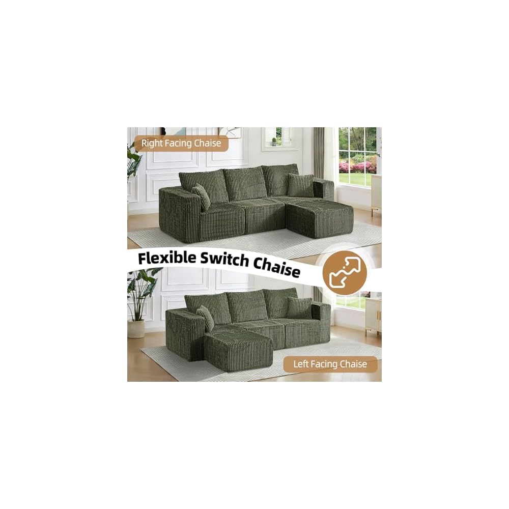 98" Modular Sectional Sofa, L-Shaped 3 Seater Boneless Couch with Ottoman, Modern Cloud Sectional Couch Deep Seat Sofa for Living Room Bedroom Apartment, No Assembly Required, Green