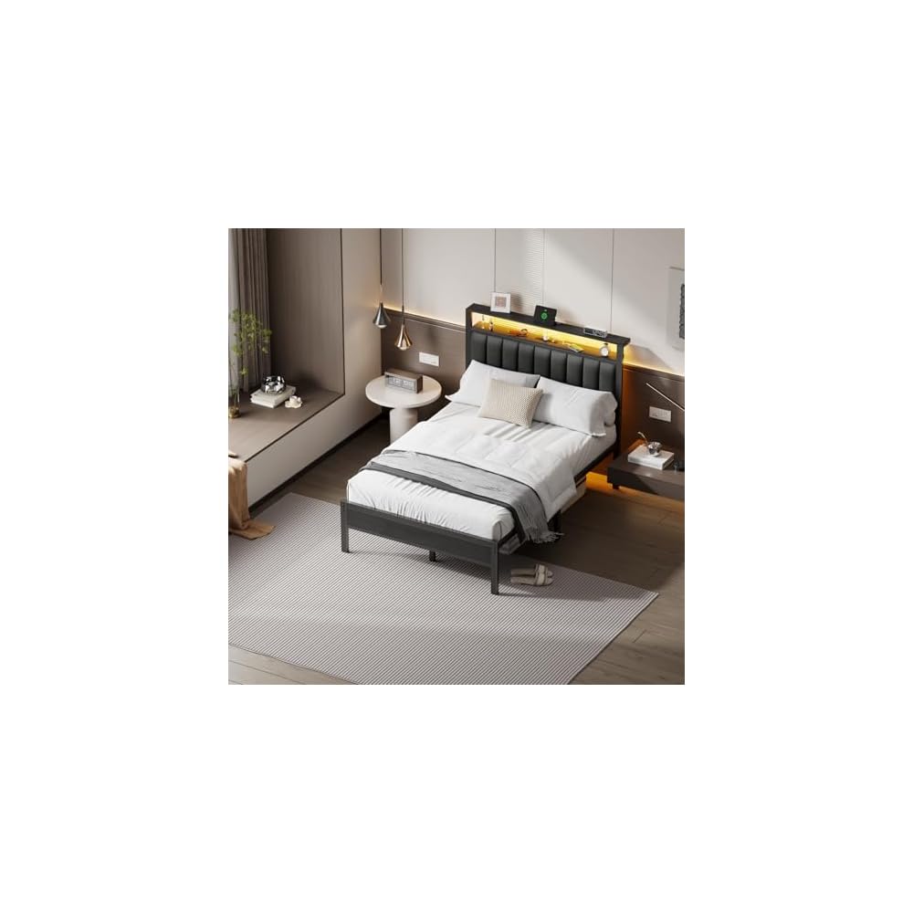 Furnulem Full Size Bed Frame with Charging Station and LED Lights