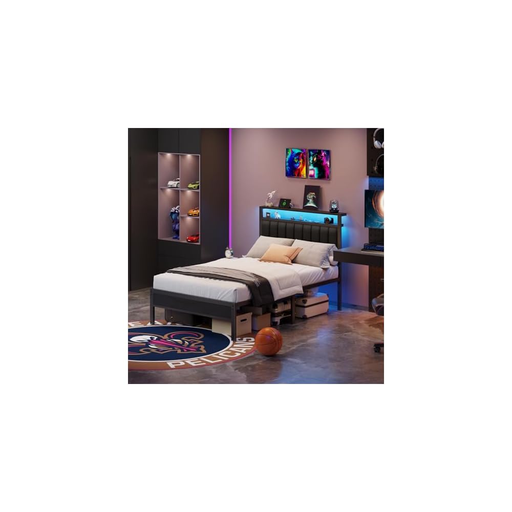 Furnulem Full Size Bed Frame with Charging Station and LED Lights