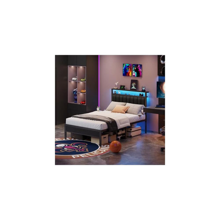 Furnulem Full Size Bed Frame with Charging Station and LED Lights