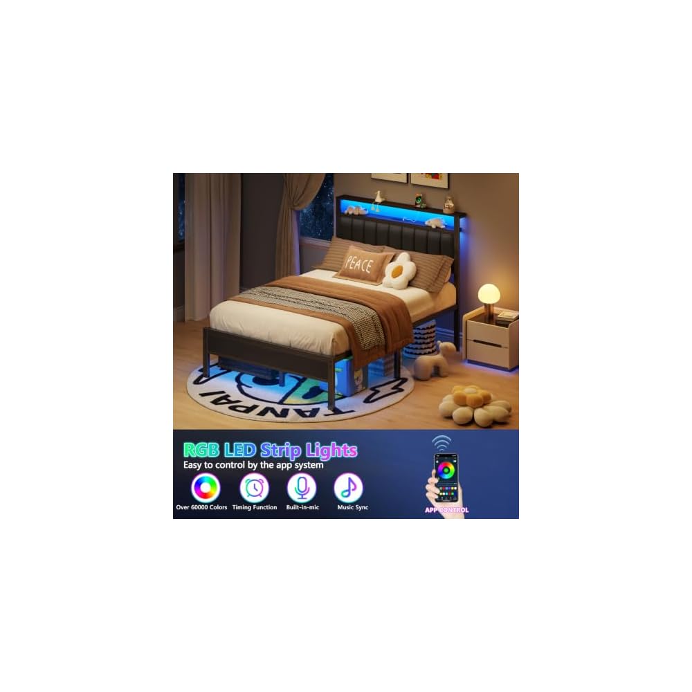 Furnulem Full Size Bed Frame with Charging Station and LED Lights
