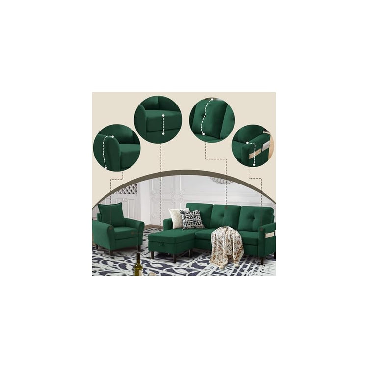 3 Piece Convertible Sectional Sofa Set, 3-Seater L Shaped Couch with Reversible Chaise and Comfy Armchair for Living Room, Apartment, Office, Green