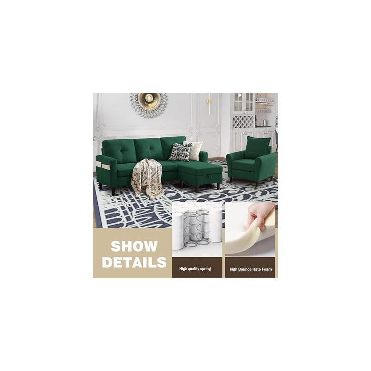 3 Piece Convertible Sectional Sofa Set, 3-Seater L Shaped Couch with Reversible Chaise and Comfy Armchair for Living Room, Apartment, Office, Green