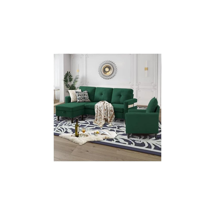 3 Piece Convertible Sectional Sofa Set, 3-Seater L Shaped Couch with Reversible Chaise and Comfy Armchair for Living Room, Apartment, Office, Green