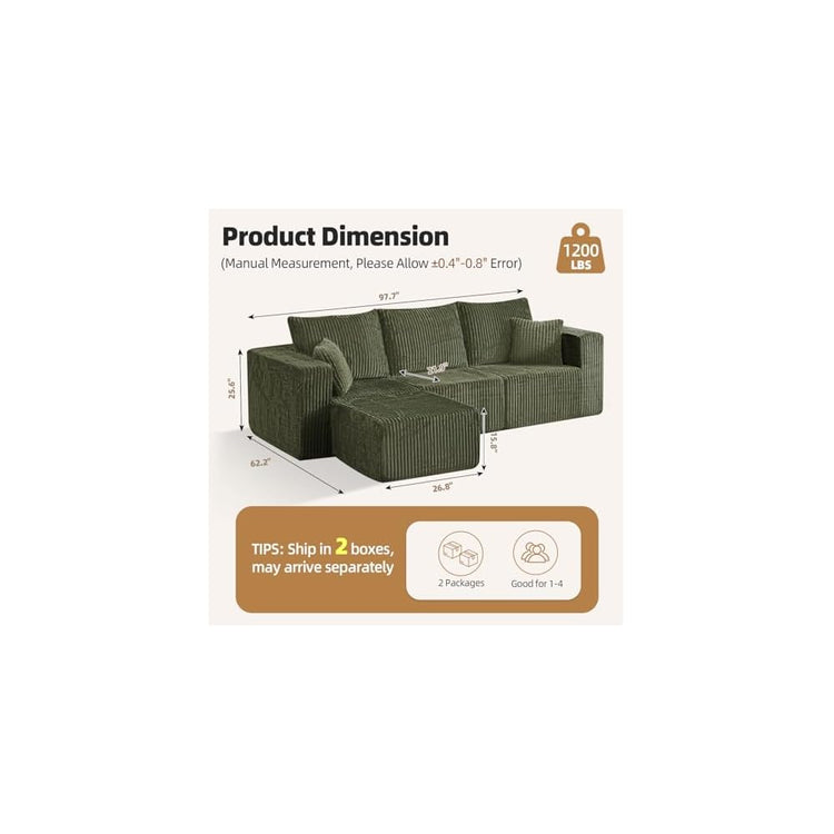 98" Modular Sectional Sofa, L-Shaped 3 Seater Boneless Couch with Ottoman, Modern Cloud Sectional Couch Deep Seat Sofa for Living Room Bedroom Apartment, No Assembly Required, Green