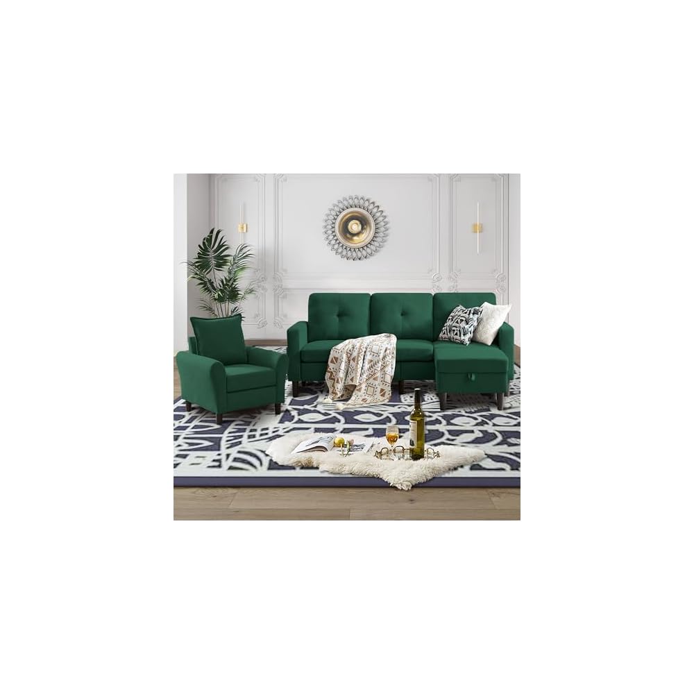 3 Piece Convertible Sectional Sofa Set, 3-Seater L Shaped Couch with Reversible Chaise and Comfy Armchair for Living Room, Apartment, Office, Green
