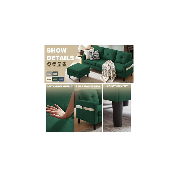 3 Piece Convertible Sectional Sofa Set, 3-Seater L Shaped Couch with Reversible Chaise and Comfy Armchair for Living Room, Apartment, Office, Green