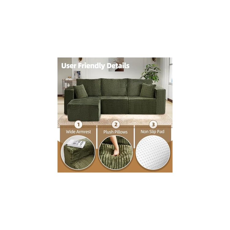 98" Modular Sectional Sofa, L-Shaped 3 Seater Boneless Couch with Ottoman, Modern Cloud Sectional Couch Deep Seat Sofa for Living Room Bedroom Apartment, No Assembly Required, Green