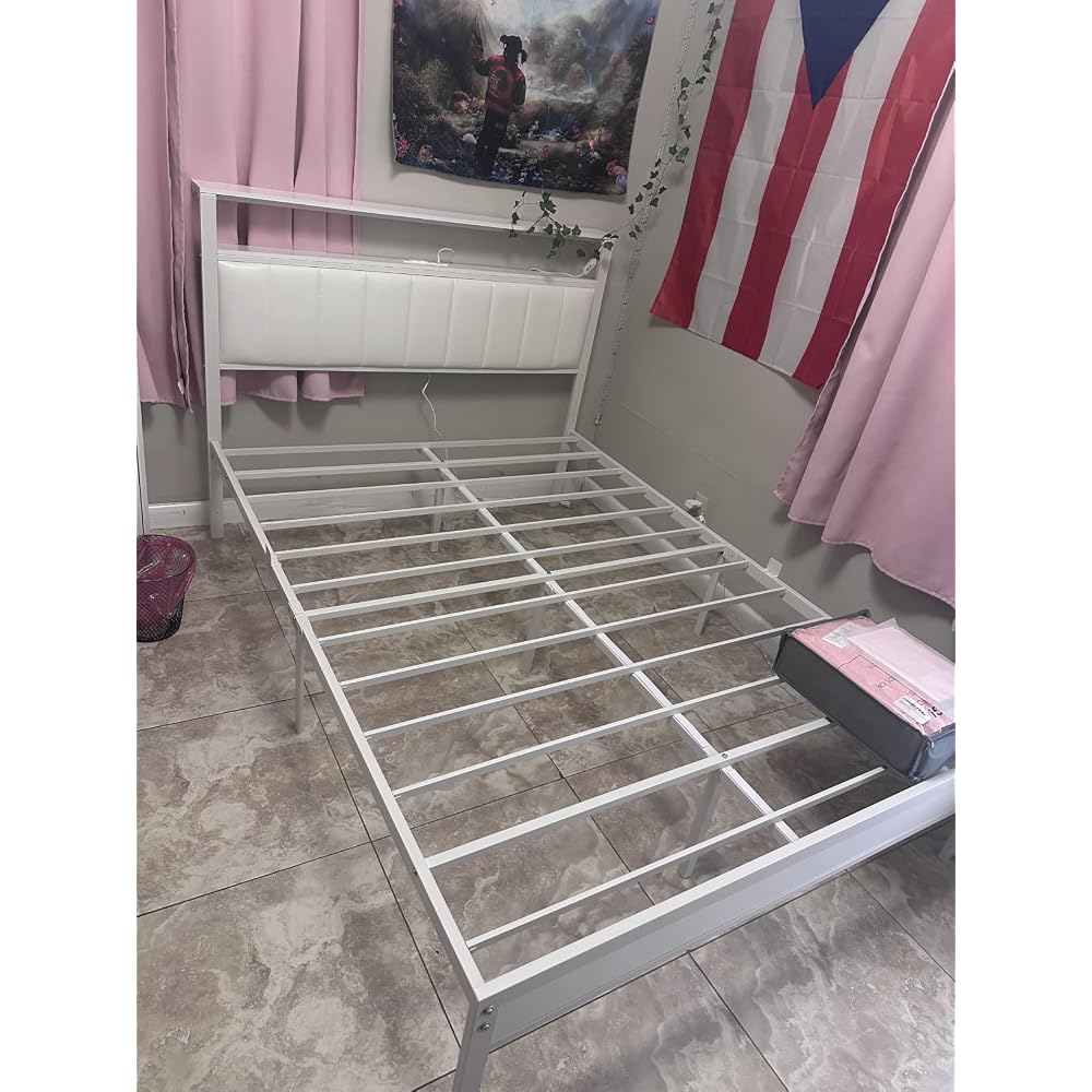 Furnulem Full Size Bed Frame with Charging Station and LED Lights