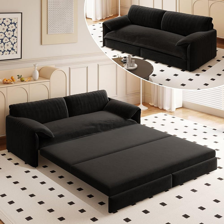 GNIXUU 66" Queen Size Pull Out Sofa Bed, Velvet Convertible Sleeper Sofa Couch with Side Storage, Comfy Loveseat Bed Pull Out Couch for Living Room, Apartment, Small Space(Black)