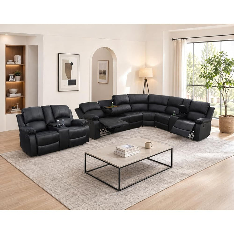 Manual Recliner Sectional Sofa Set, L Shaped Living Room Furniture Sets, Reclining Corner Couch and Loveseat Set with Drop-Down Table/Storage Console for Home Office (Black, Sectional+Loveseat)
