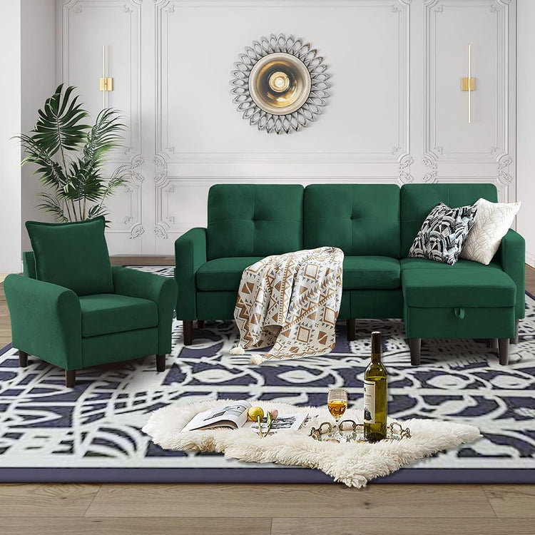 3 Piece Convertible Sectional Sofa Set, 3-Seater L Shaped Couch with Reversible Chaise and Comfy Armchair for Living Room, Apartment, Office, Green